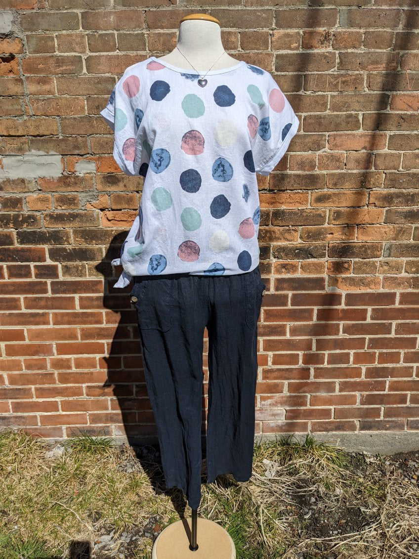 Me & Gee ML-19372 Dot Short Slv Linen Top