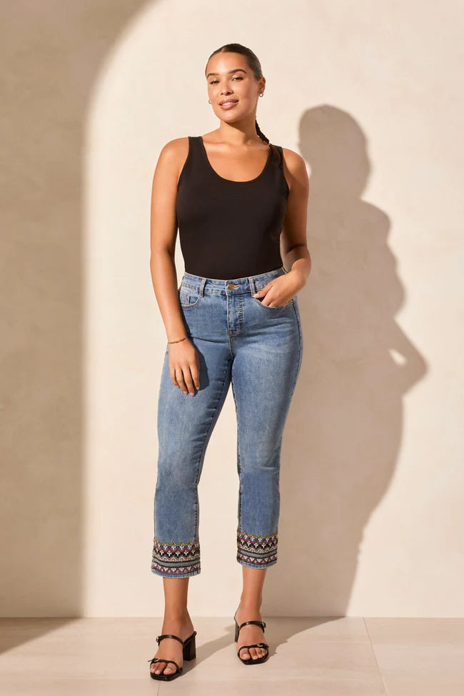 Tribal 57800 TileBlue Straight Crop Jean w/ Hem Details