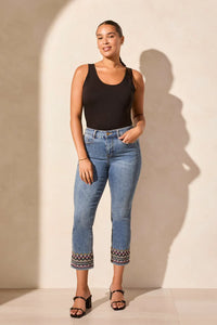 Tribal 57800 TileBlue Straight Crop Jean w/ Hem Details