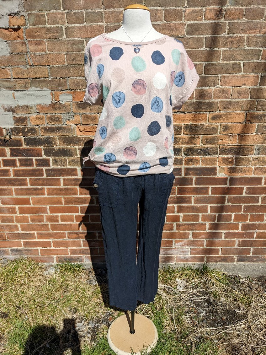 Me & Gee ML-19372 Dot Short Slv Linen Top