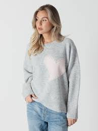 Lyla & Luxe Heart Light Grey/ Pink Round Neck Sweater