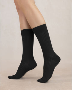 Bleu Foret 6484 Black Ribbed Long Cotton Socks