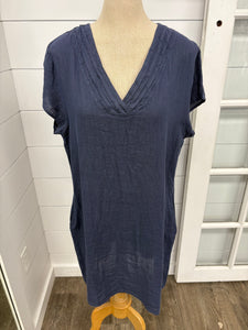 Pistache T-2949 Navy Linen Dress w/Pleated Sewn Neckline