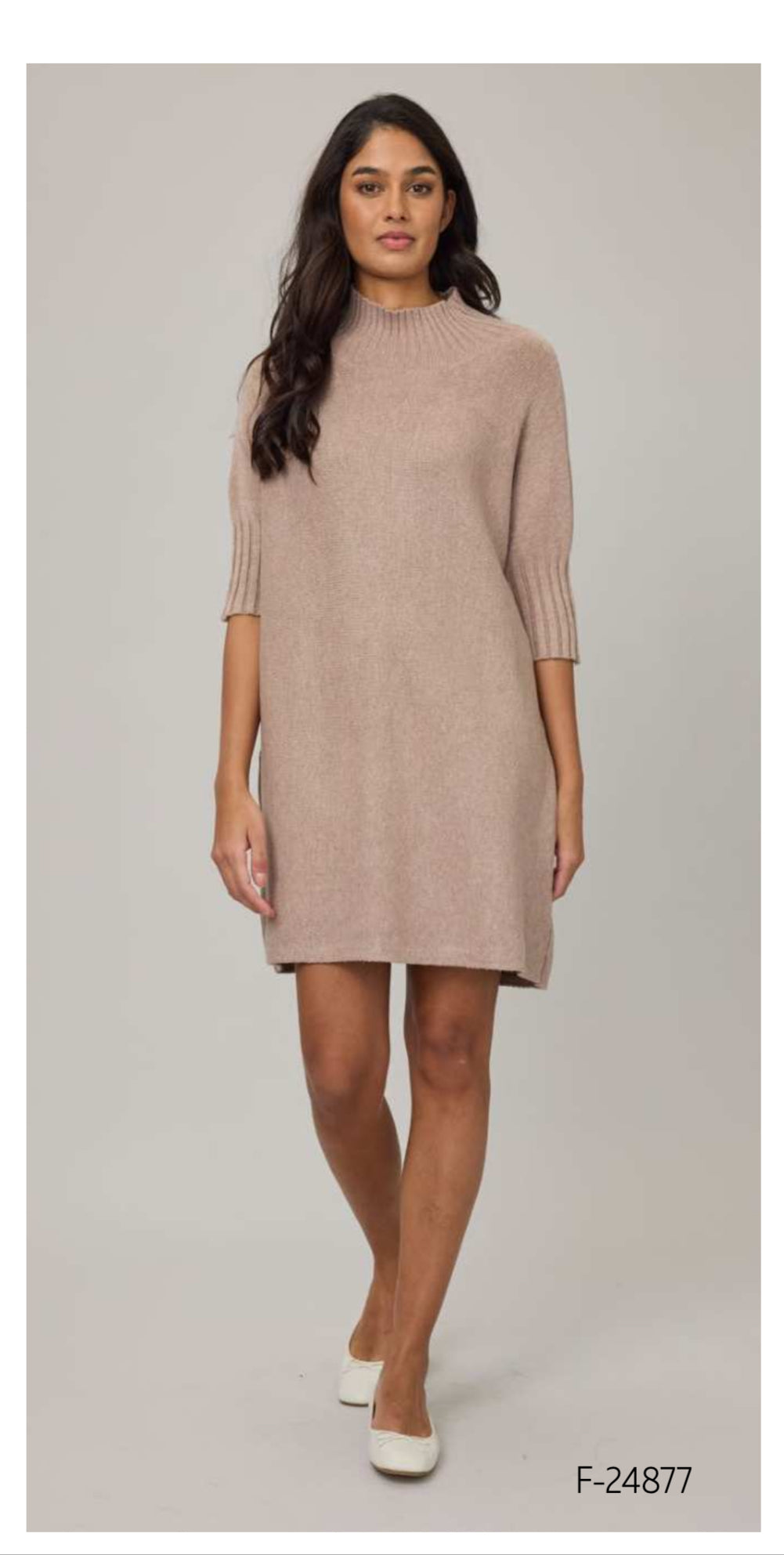 Pistache F-24877 Rib Funnel Neck Knit Dress