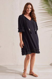 Tribal 8920 Black Flowy Dress w/ Trim Details