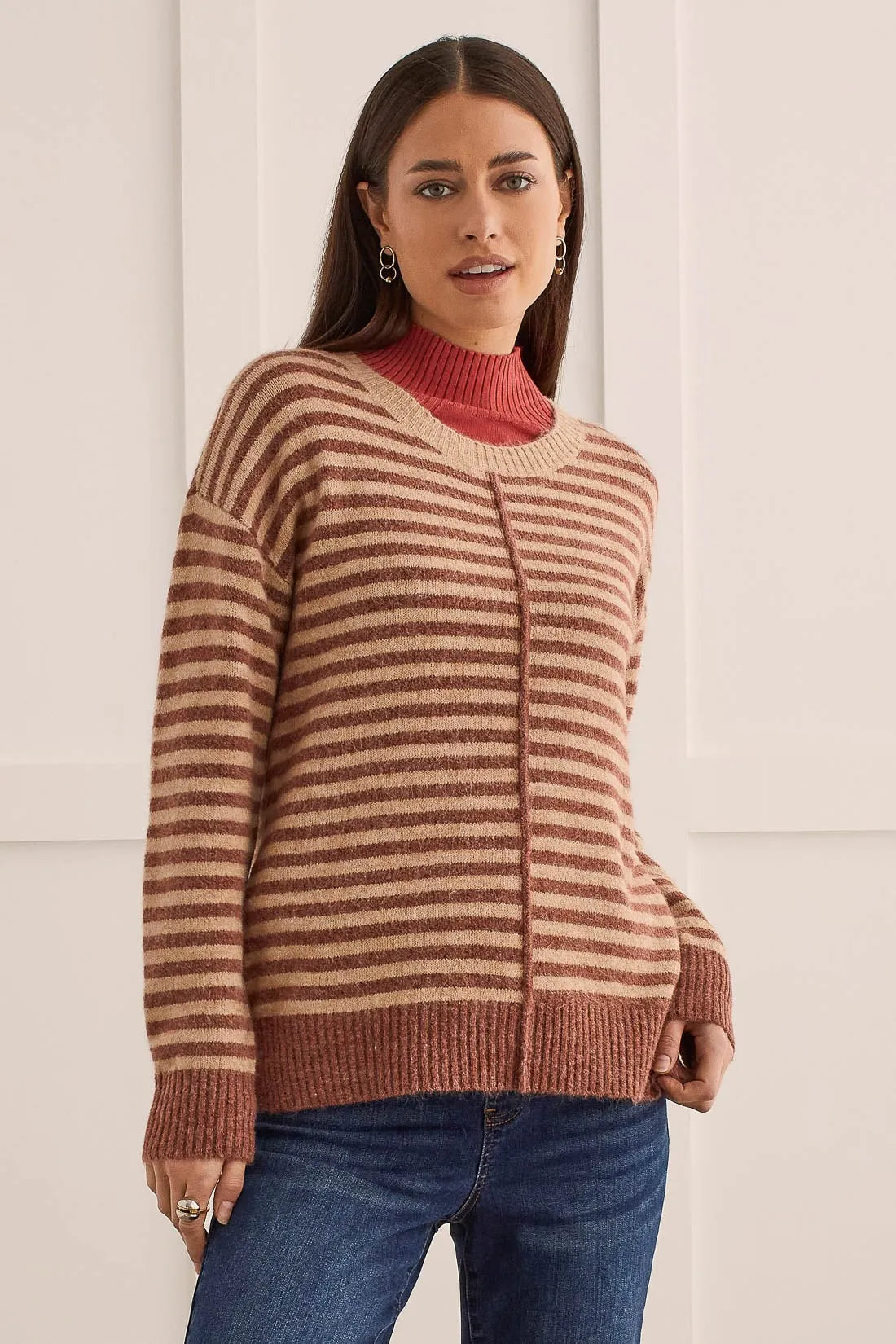 Tribal 14890 Strip Crew Neck Sweater