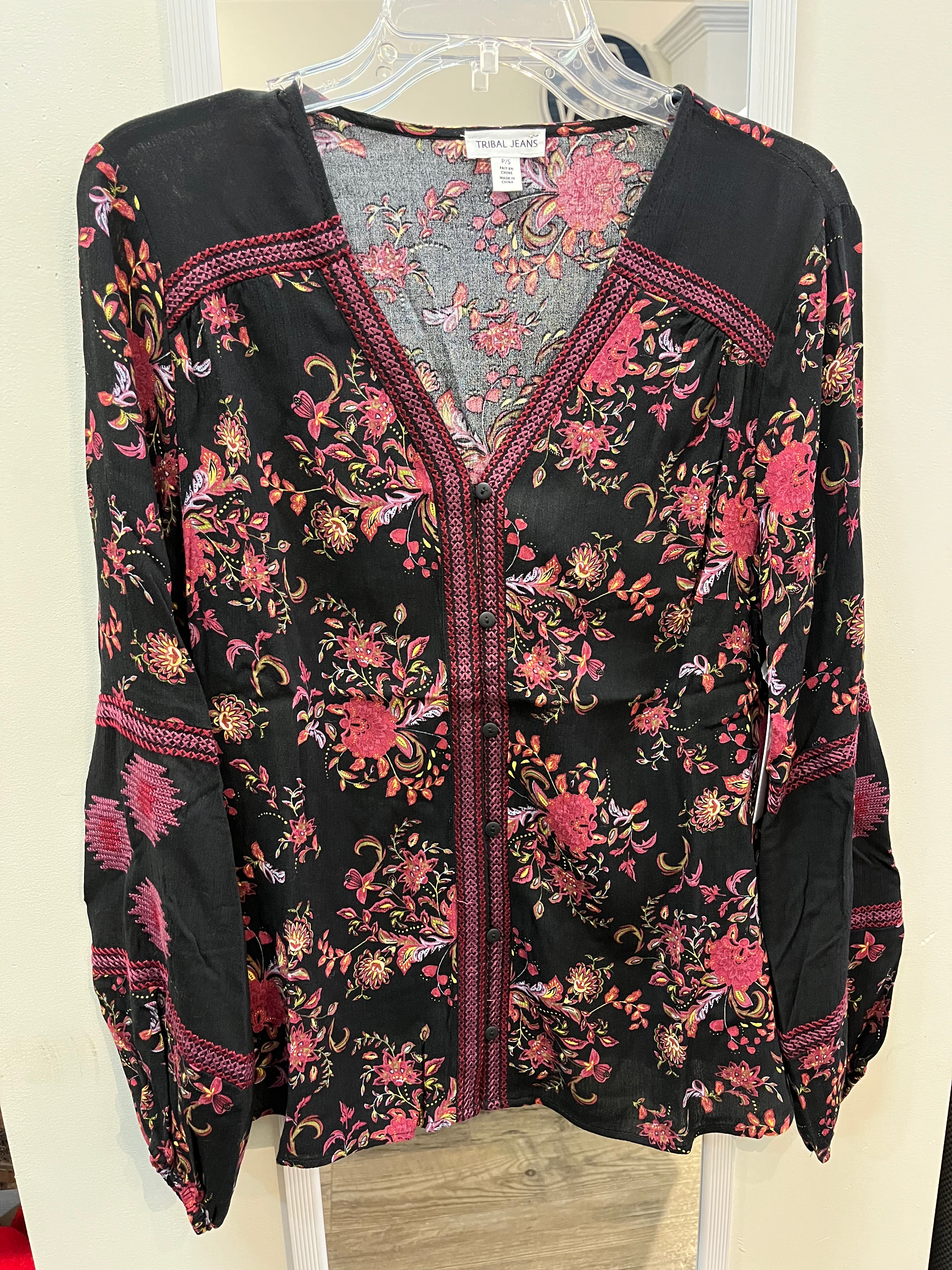 Tribal 53180 L/S Button Front Blouse w/ Embroidery