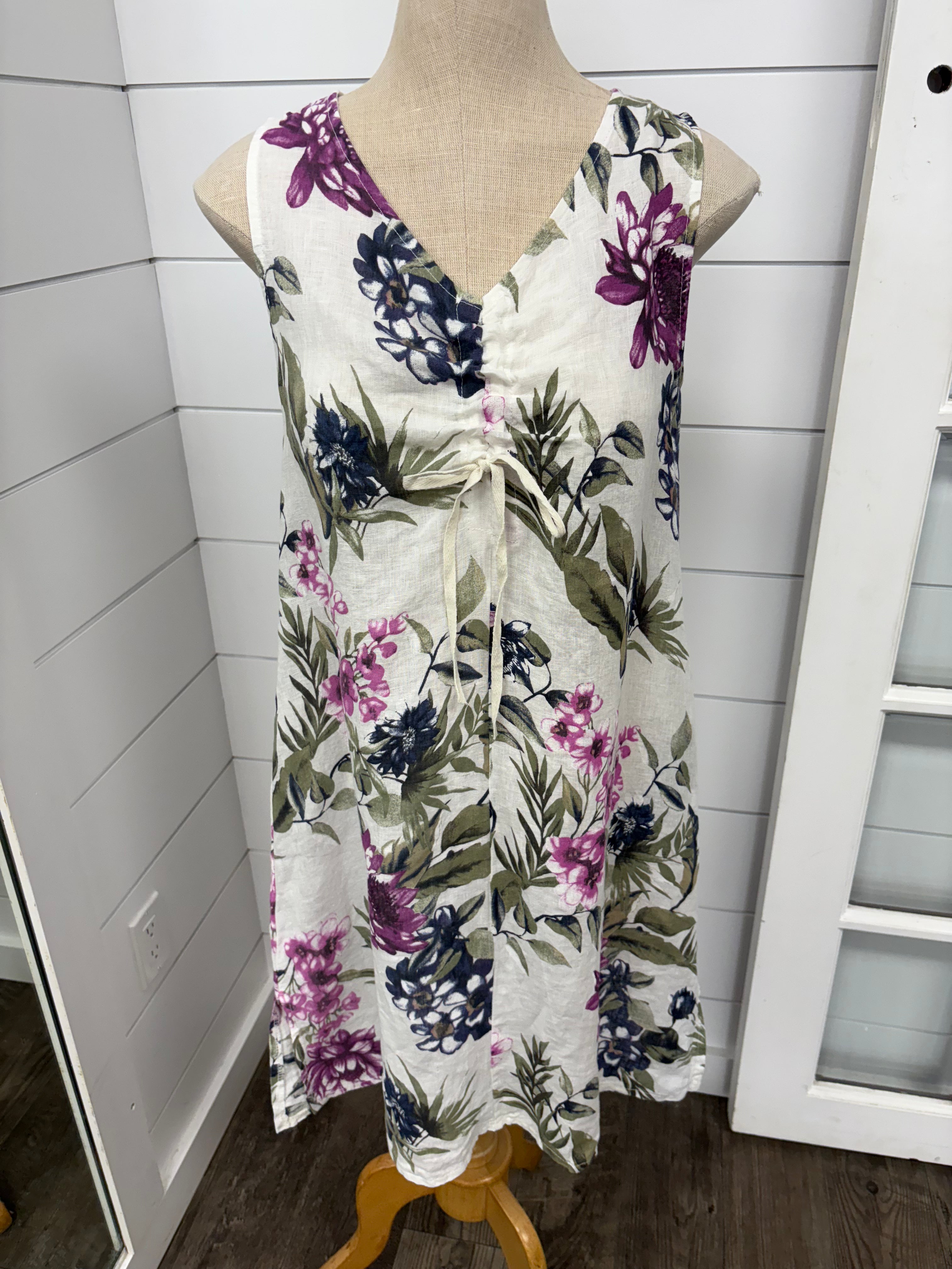 Pistache T-4773-AF Amalfi Floral Linen Drawstring Chest Dress