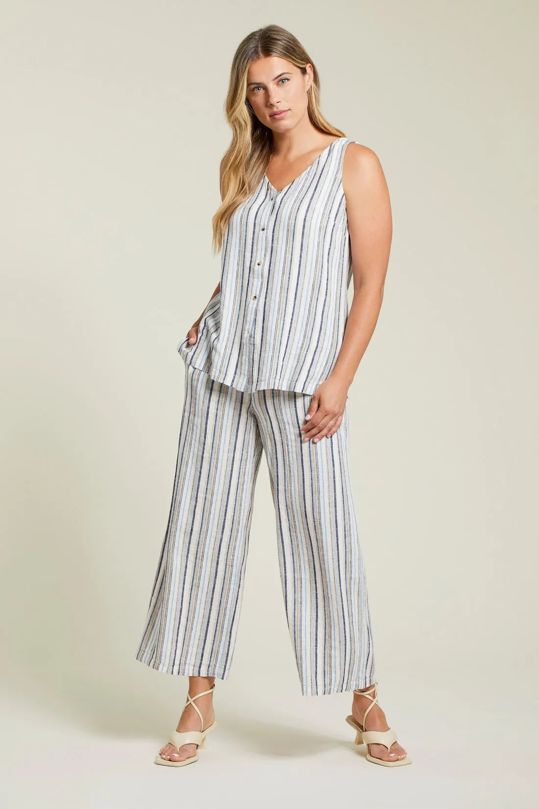 Tribal 77040 Stripe Flowy Crop Pant w/ Drawstring