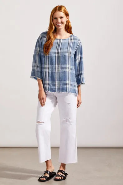 Tribal 76340 Chambray Plaid 3/4 Slv Top