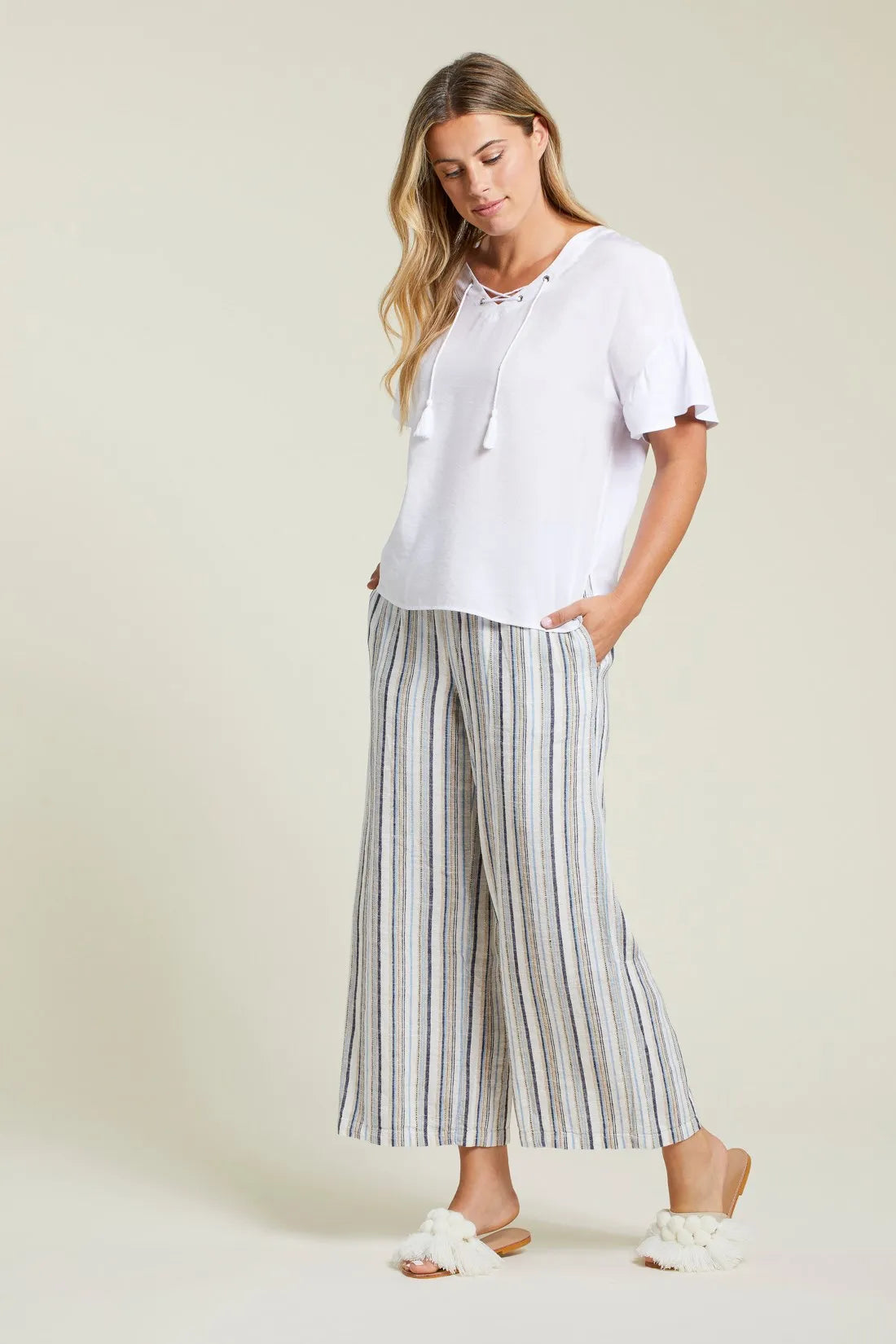 Tribal 77040 Stripe Flowy Crop Pant w/ Drawstring