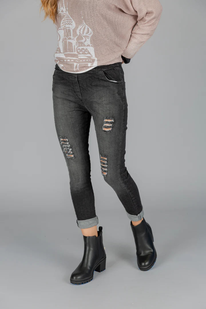 Elissia GM60816N Black Ripped Stretch Pants