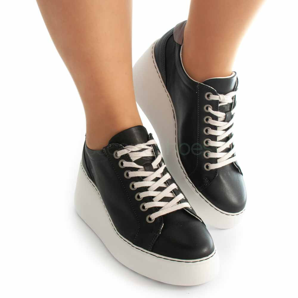 Fly London Dile Black Leather Wedge Sneaker