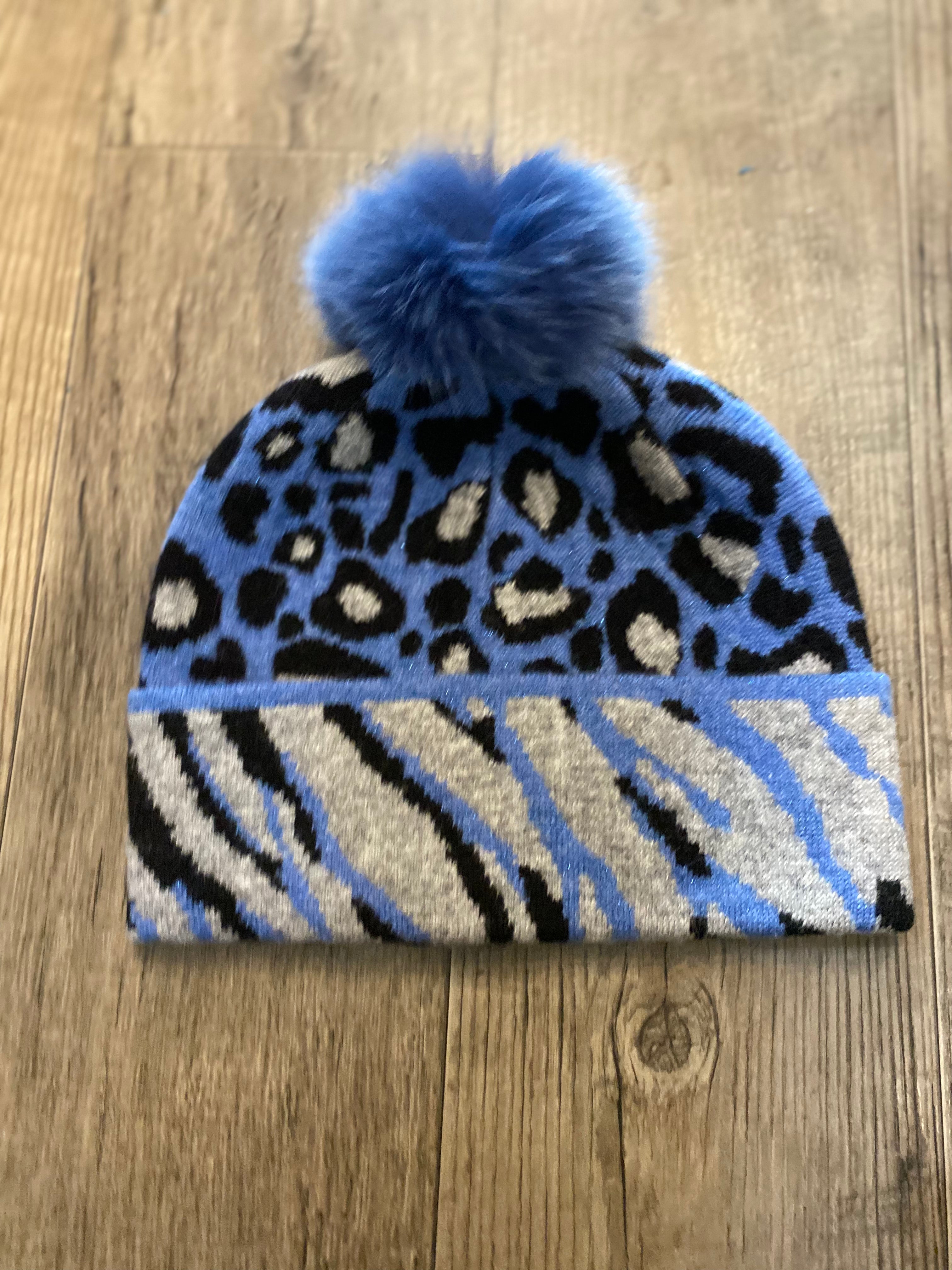 Mitchie’s HTIM79 KNitted Animal/Zebra Print  w/ Fur Pom Pom