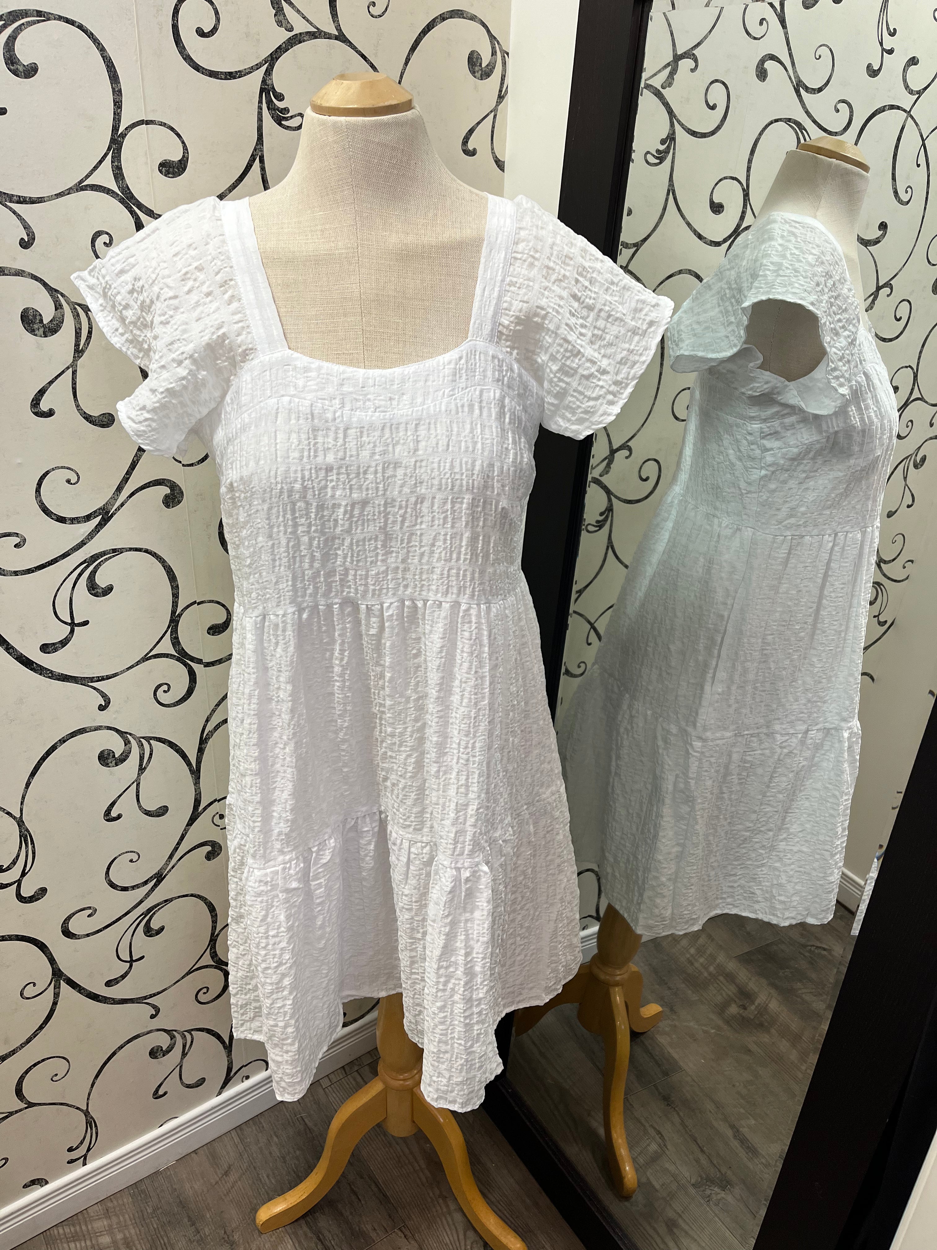 Tribal 14080 White Lined Ruffle Slvls Dress