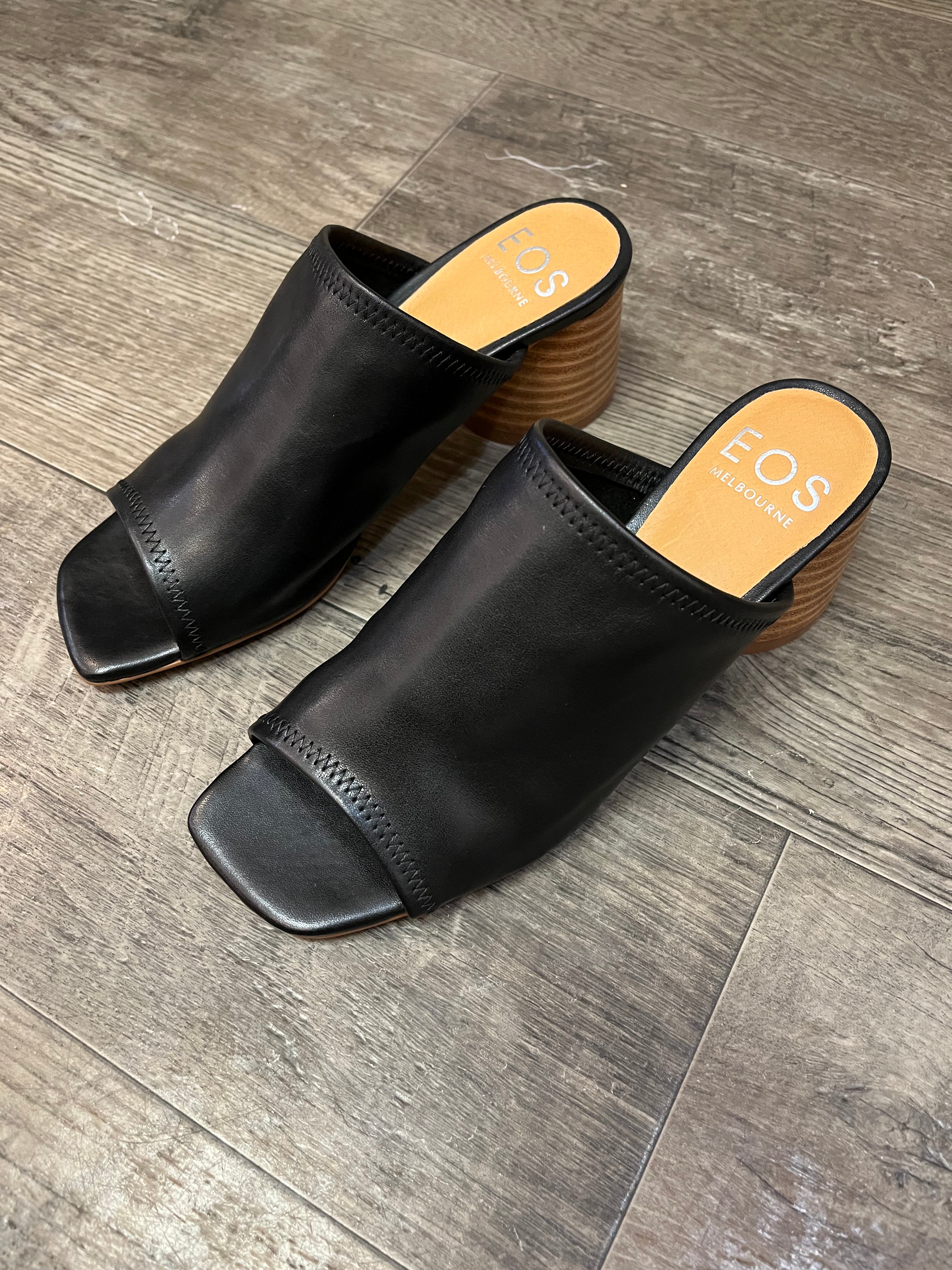 EOS Petti Black Leather Heel Slide Sandal