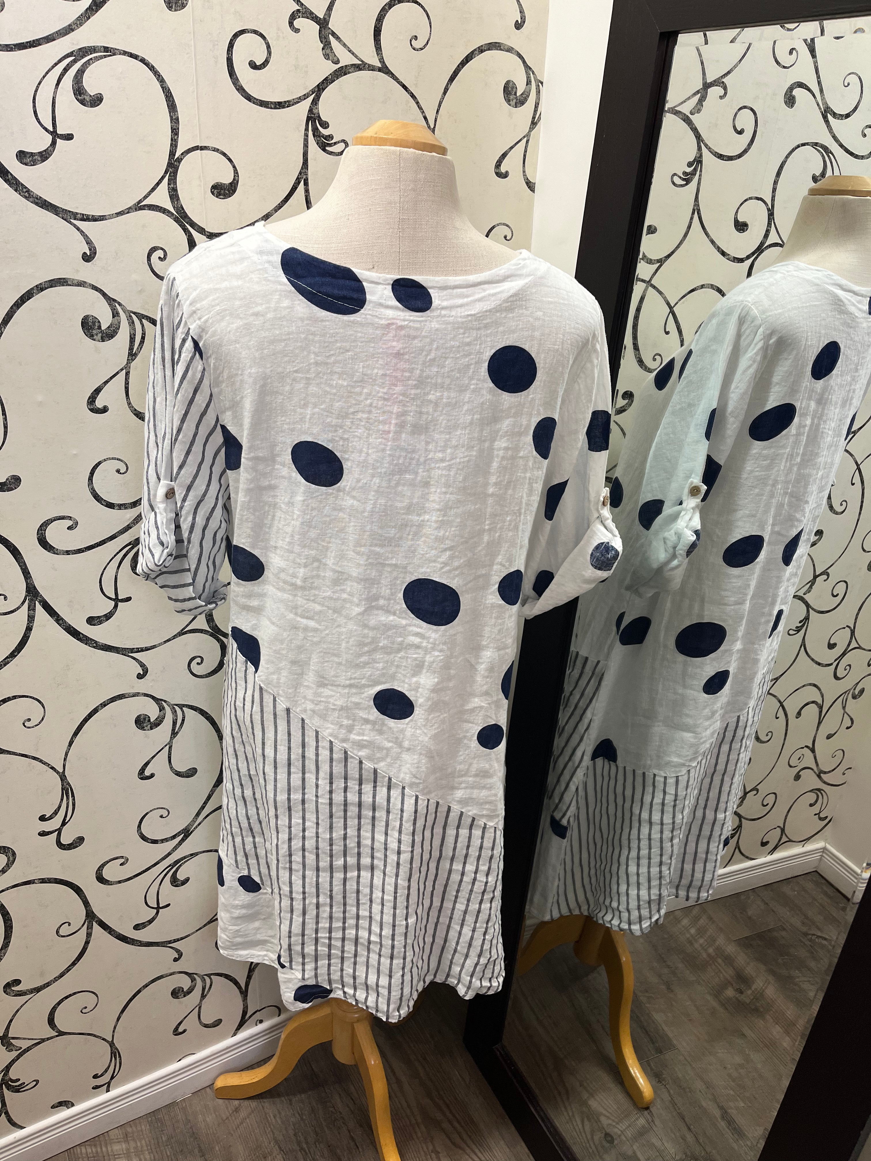 Me & Gee 11223 White/ Navy Dots Dress w/ Striped Pockets