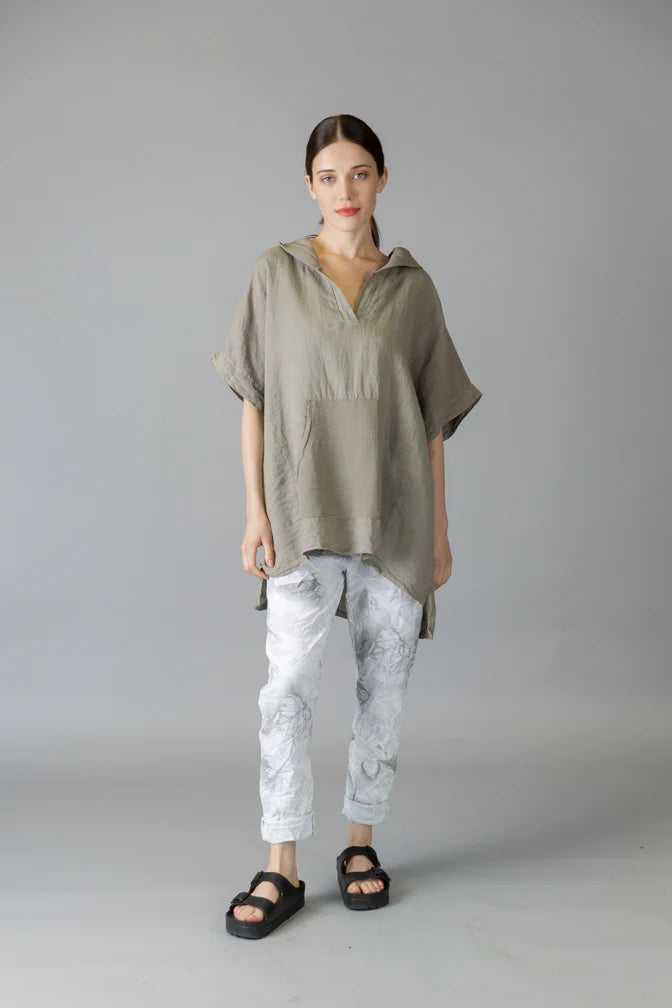 Elissia D11476 Taupe Linen/Cotton Hooded Top