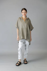 Elissia D11476 Taupe Linen/Cotton Hooded Top