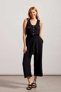 Tribal 76760 Black Button Front Jumpsuit w/ Sash and Pockets