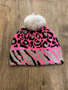 Mitchie’s HTIM79 KNitted Animal/Zebra Print  w/ Fur Pom Pom