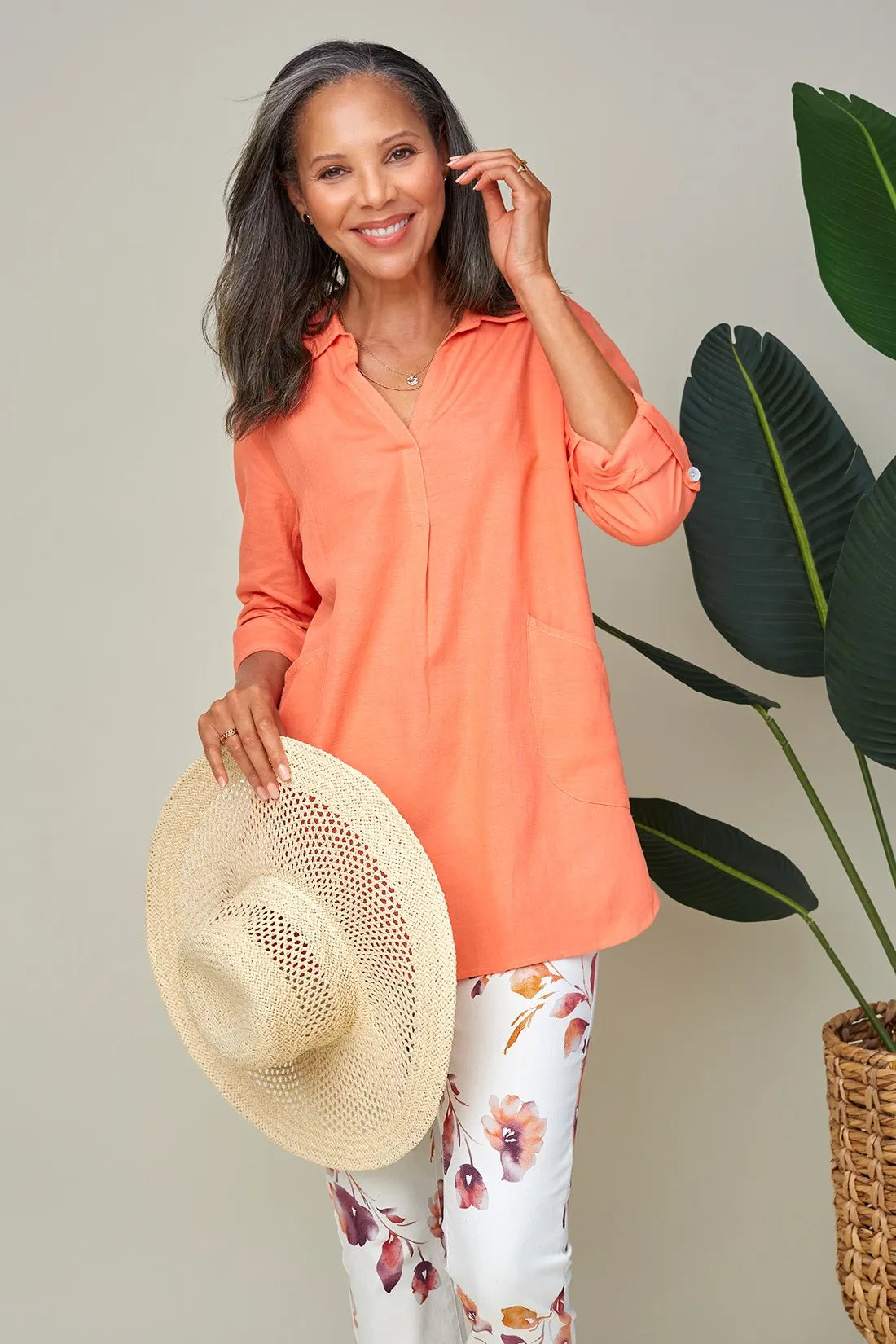 Tribal 12900 Coral Linen Tunic Blouse
