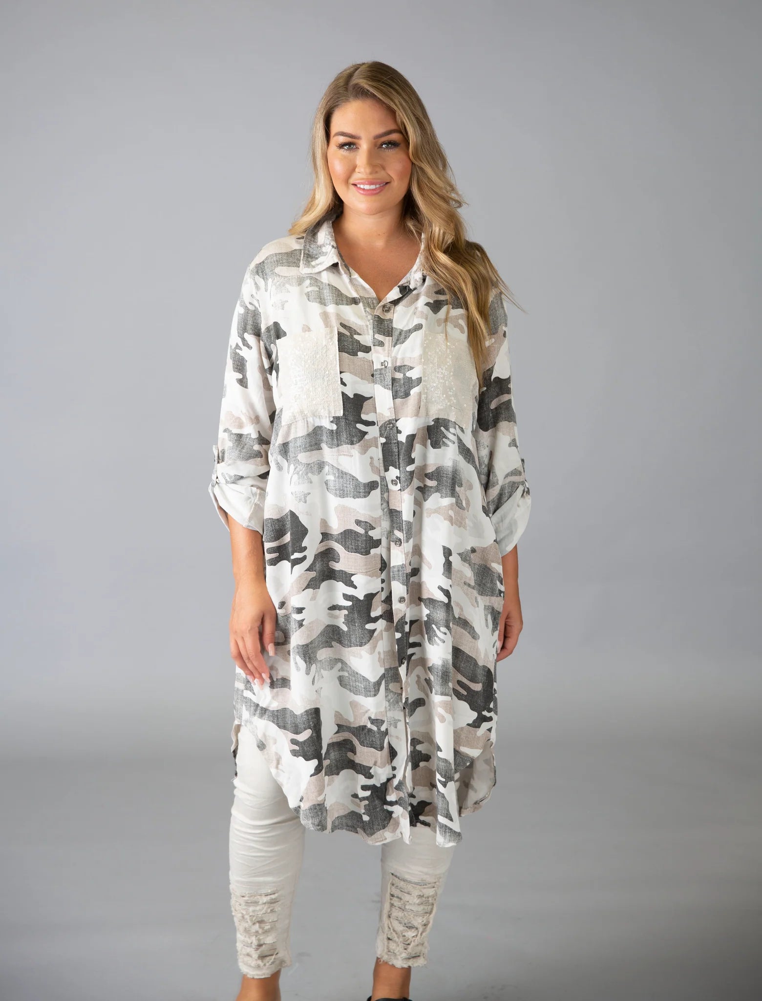 Elissia Z80414B Beige Camo Long Shirt/Dress