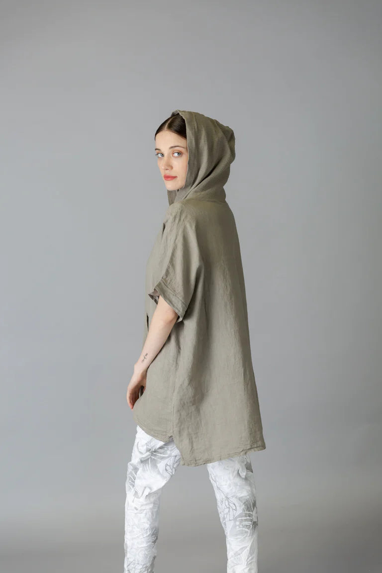 Elissia D11476 Taupe Linen/Cotton Hooded Top