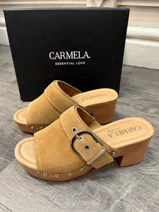 Carmela 160736 Camel Suede Peek Toe Clog Sandal