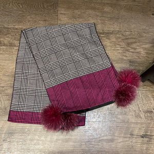 Mitchie’s SCCO44 Pink/Bk/Wh Check Scarf with Fur Pom Poms