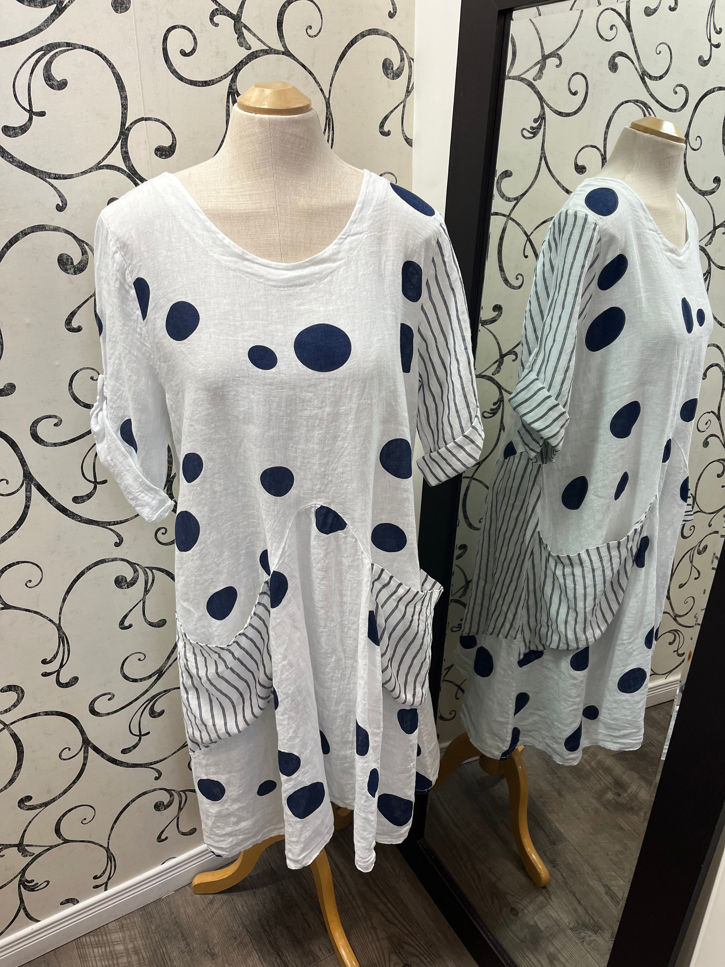 Me & Gee 11223 White/ Navy Dots Dress w/ Striped Pockets